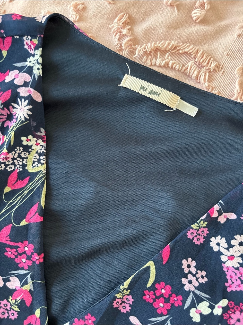Navy Floral Wrap Blouse with Pink and Green Accents - Picture 2 of 4